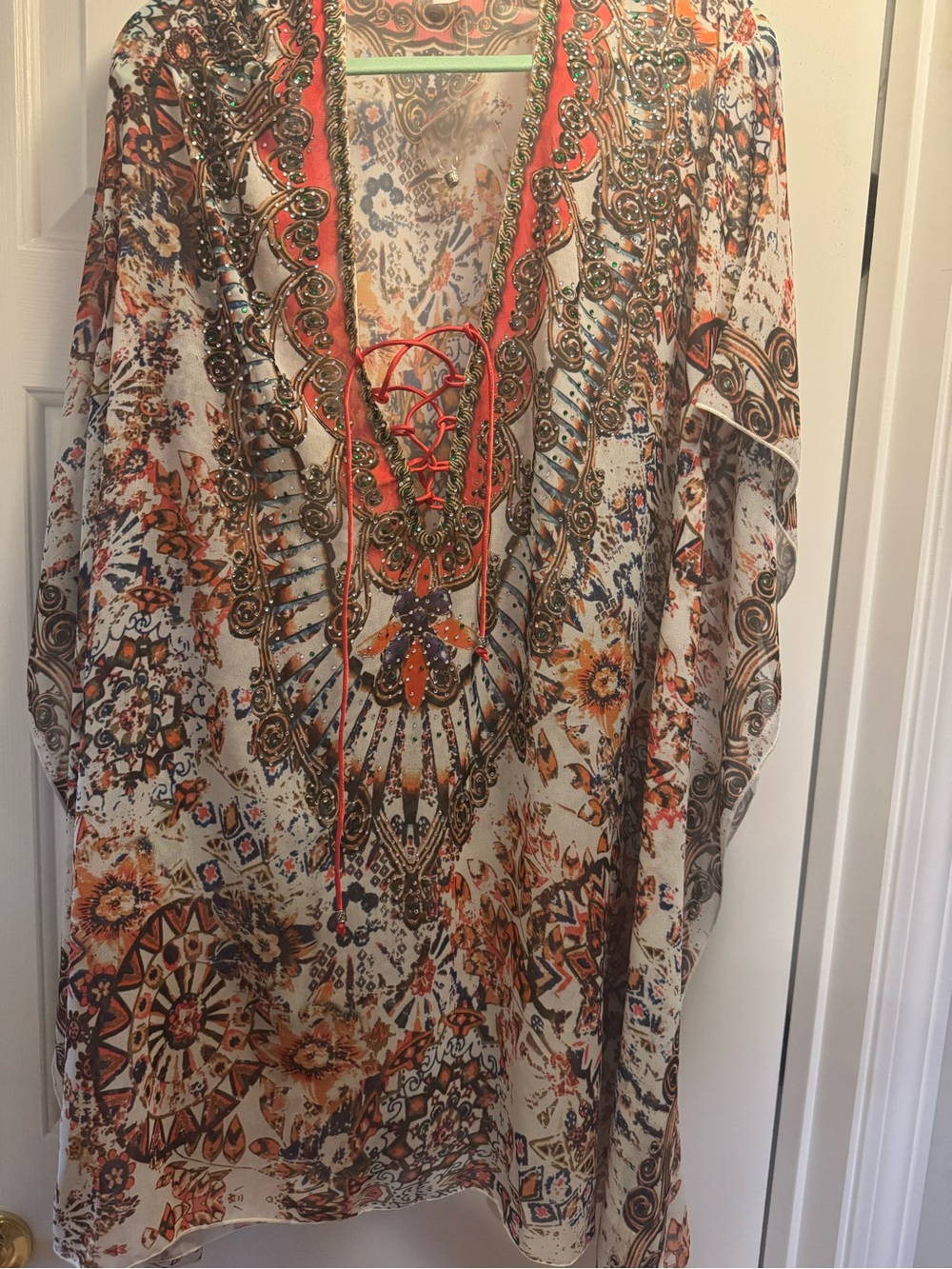 Boston Proper Lace-Up Boho Swim Coverup in Cream, Orange and Brown